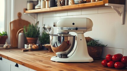 A white mixer sitting on top of a wooden counter. Perfect for kitchen or baking themed designs. - obrazy, fototapety, plakaty