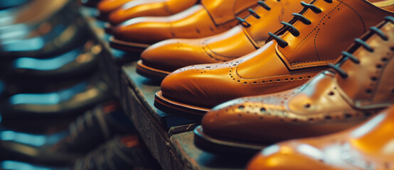 Rows of polished leather shoes on display, their craftsmanship shining through in every meticulous stitch and polish - obrazy, fototapety, plakaty