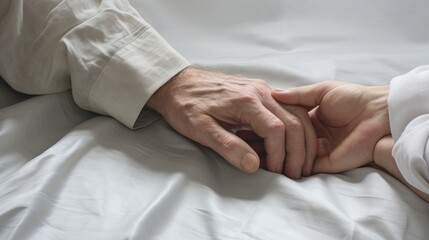Elderly and Young Hands on White Bed AI Generated