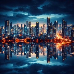 Fototapeta premium Urban Oasis Cityscape Reflections at Dusk 