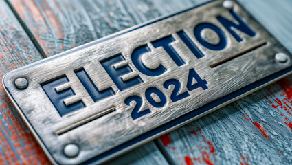 Obraz premium Plaque for the presidential election with the inscription ELECTION 2024, featuring a flag on a wooden background