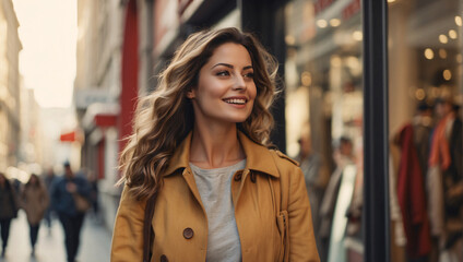 Against backdrop of boutique, young woman smiles delightfully. Her stylish look exudes sophisticated beauty, and her sunbeam-like smile adds freshness to street portrait of a stylish, attractive woman