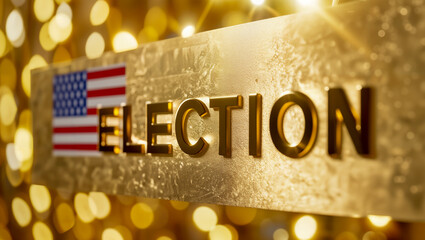 Gold-milled inscription ELECTION 2024 on a gold Shimmering  background with a flag, crafted for the presidential election