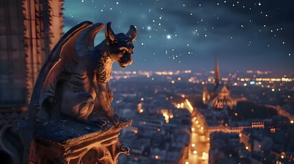 a gargoyle statue on top of a building at night - obrazy, fototapety, plakaty