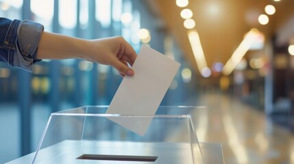 A person putting a piece of paper in a voting box. - Powered by Adobe