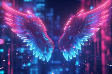 abstract neon angel wings illuminated by pink and blue lights on UV geometric background - cyberspace futuristic wallpaper