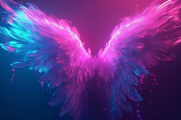 abstract neon angel wings illuminated by pink and blue lights on UV geometric background - cyberspace futuristic wallpaper