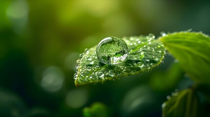 a drop of water sitting on top of a green leaf