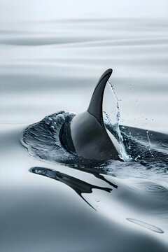 a black and white photo of an orca in the water
