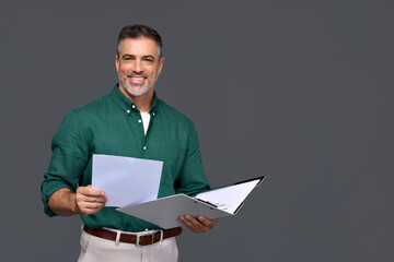 Smiling middle aged business man financial adviser, professional project manager holding documents...