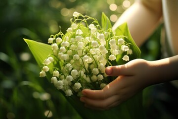 Naklejka na ściany i meble childs hand holds a lily of the valley flower