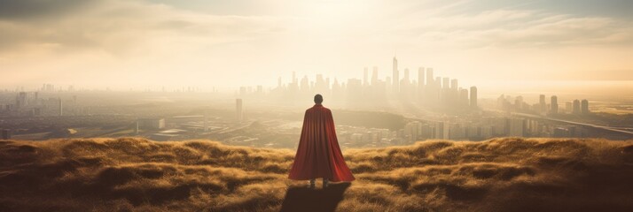 man in superhero cape with a city near him - obrazy, fototapety, plakaty