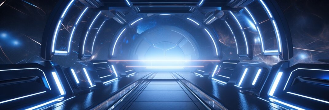 blue space tunnel with lights futuristic sci-fi panorama wide backdrop