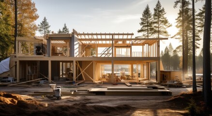 Fototapeta premium interior of an eco-friendly house being built from wooden framing