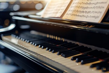 Close up of a keyboard of a grand piano with sheet music
