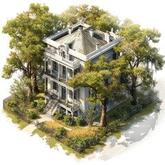 Fototapeta na wymiar Isometric illustration of a Charleston Southern Victorian house, surrounded by trees, detailed facade, greenery, neutral tones, isolated on white background
