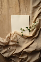 Beautiful gypsophila flowers and blank card on fabric background