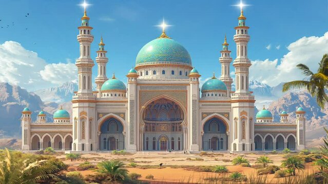 Beautiful view of mosque with amazing view in day. Islamic architecture design animation background