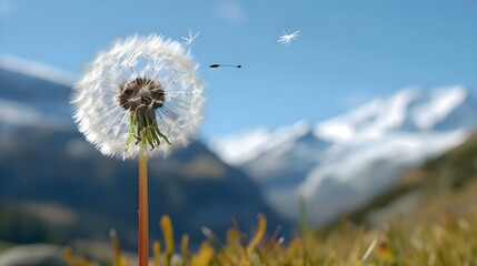 a dandelion blowing in the wind with mountains in the background