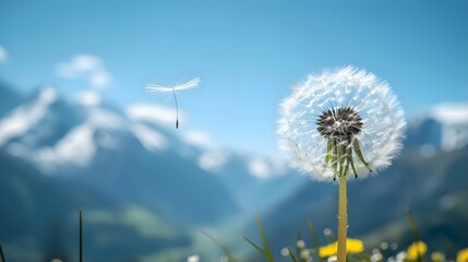 a dandelion blowing in the wind with mountains in the background