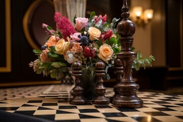 Floral arrangement next to regal chess icon. Generative AI