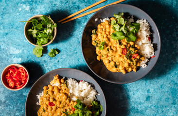 Flat lay of vegan chickpea curry with rice and cilantro on a dark background. Indian cuisine concept.