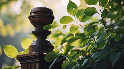A classic wooden pedestal, set against a backdrop of out-of-focus green leaves, each leaf catching and reflecting the soft,