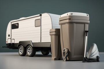 3D rendering of recycling trashcan with travel trailer. Generative AI