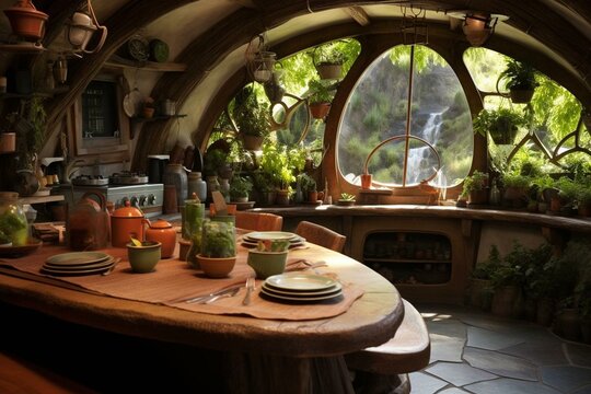 Magical home, delicious spread on kitchen table in unique hobbit residence. Generative AI