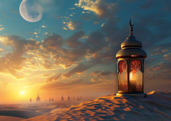 Arabic ramadan lantern in a desert at sunset time