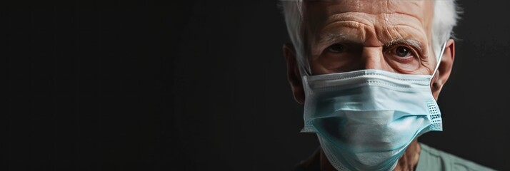Portrait of senior man in medical mask on black background with copy space. Medical Mask. Pandemic Concept with copy space. Healthcare Concept. Epidemic Concept. Copy Space.