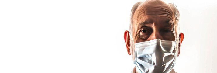 Portrait of a man in a medical mask on a white background with copy space. Medical Mask. Pandemic Concept with copy space. Healthcare Concept. Epidemic Concept. Copy Space.