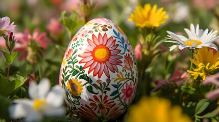 Obraz na płótnie Canvas a painted egg sitting in a field of flowers