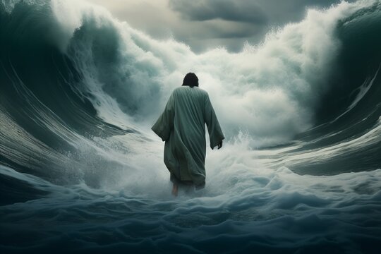 Jesus Walking On Water During Storm, Biblical Miracle Concept For Religious Themes And Illustrations