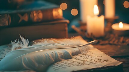 a feather resting on a book next to a lit candle - obrazy, fototapety, plakaty
