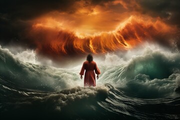 Biblical concept art. jesus walking on water across stormy sea amidst tempestuous conditions