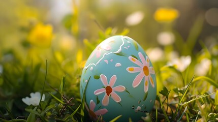 a painted easter egg sitting in the grass