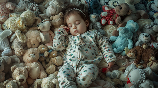 A visually elaborate image of a baby girl in pajamas and cozy slippers, surrounded by a pile of stuffed animals, showcasing the delightful chaos and cuteness of a playful toddler's