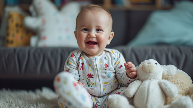 A humorous photograph featuring a baby girl in mismatched pajamas and oversized slippers, joyfully holding a soft toy with a playful expression, creating a visually entertaining an