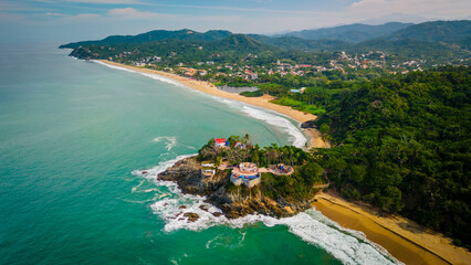 Fototapeta premium San Pancho Beach Town Aerial Drone Landscape Mexican Town Nayarit Pacific Coast of Mexico, Puerto Vallarta