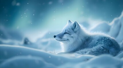 a white fox laying down in the snow