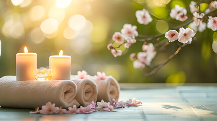 Spa still life with candles, towels and sacura flowers on wooden background. Massage therapy or spa procedure. Copy space.