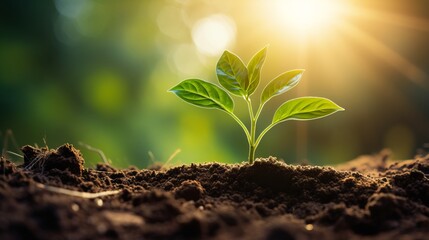 Seedlings growing in rich soil under morning sunlight, ecology concept. Panoramic banner, copy space