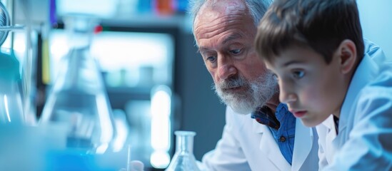 Experienced chemist engaging with young assistant.