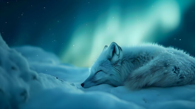a white fox sleeping in the snow under an aurora bore