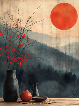 midcentury artwork, japandi color scheme, simple shapes, minimalistic, decorative