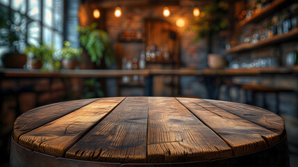 Rustic Wooden Table in Focus With Blurred Bar Background in a Cozy Tavern. AI.