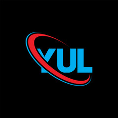 YUL logo. YUL letter. YUL letter logo design. Initials YUL logo linked with circle and uppercase monogram logo. YUL typography for technology, business and real estate brand.