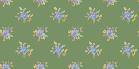 digitally painted watercolor flowers, botanical seamless pattern for design, green background