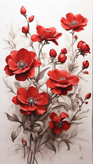 Red flowers , white background, sketched. generated by AI